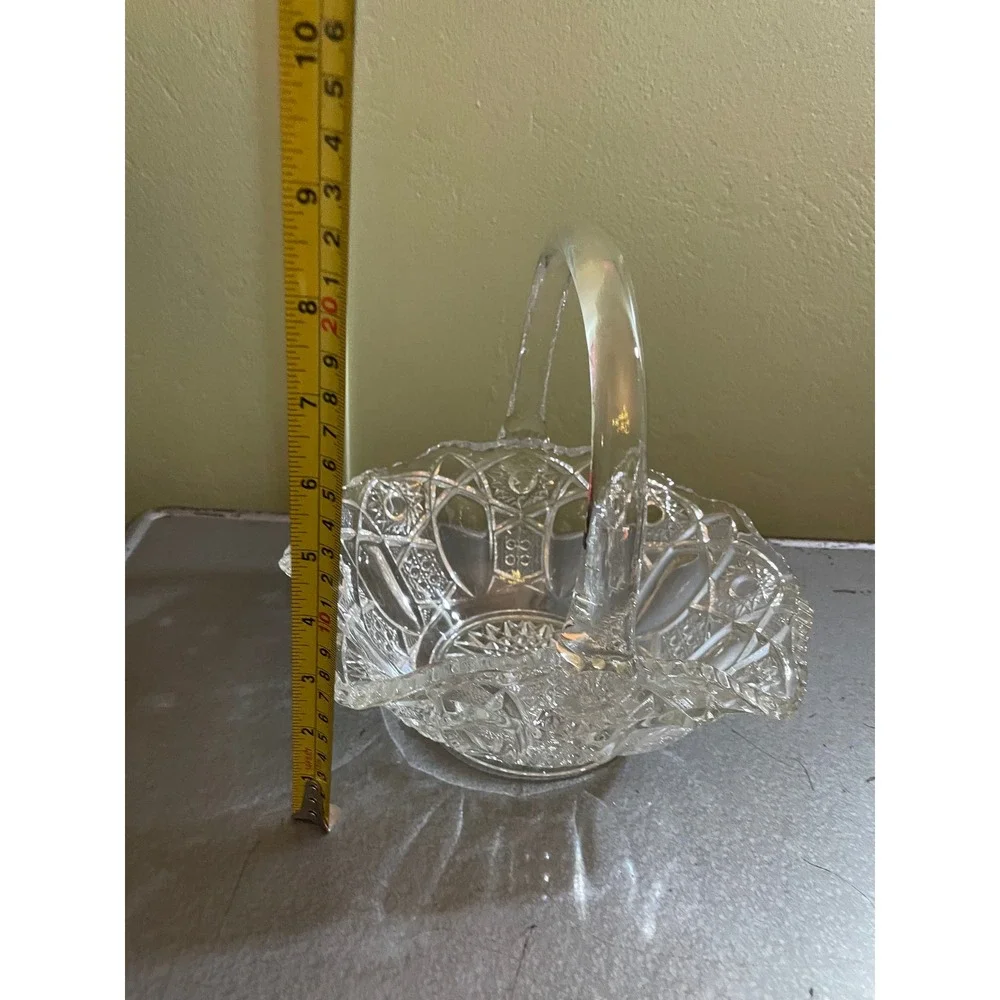Vintage Clear Pressed Glass Basket Scalloped Edge Starburst Pattern Decor 8 inch